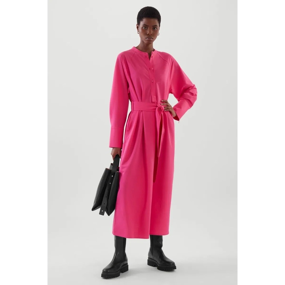 COS Pink Belted Maxi Shirt Dress Band Collar Long Sleeve Bright Size Large